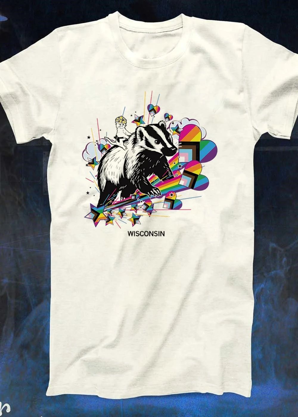 Wisconsin Cat Wearing a Cheese Hat Riding a Badger Pride Rainbow Stars T-Shirt