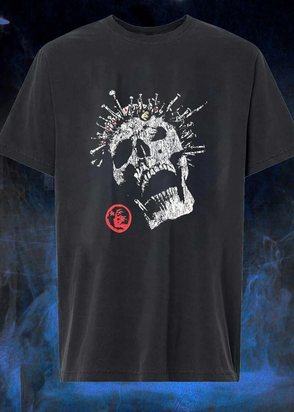 Distressed Screaming Skull Punk Spikes Flaming Face Logo Unleashed Fury 2026 Collection Shirt