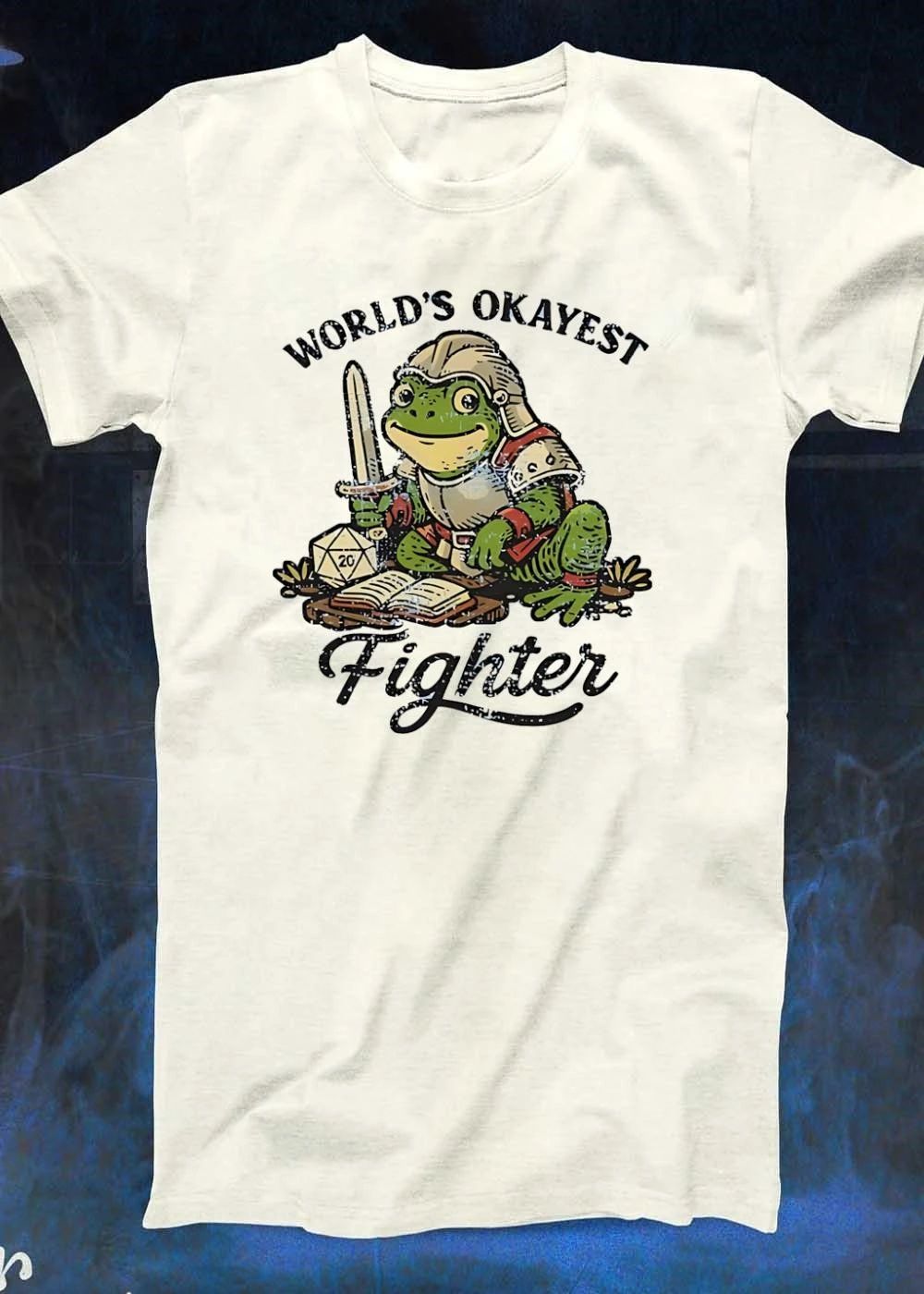 World’s Okayest Fighter Frog D20 Dice and Sword shirt