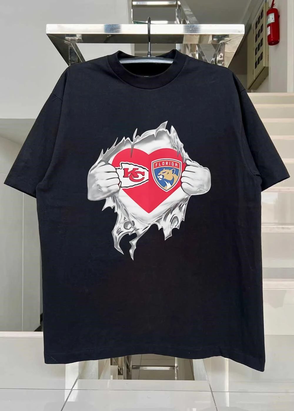 KC Chiefs and Florida Panthers Heart Ripped Chest T-Shirt