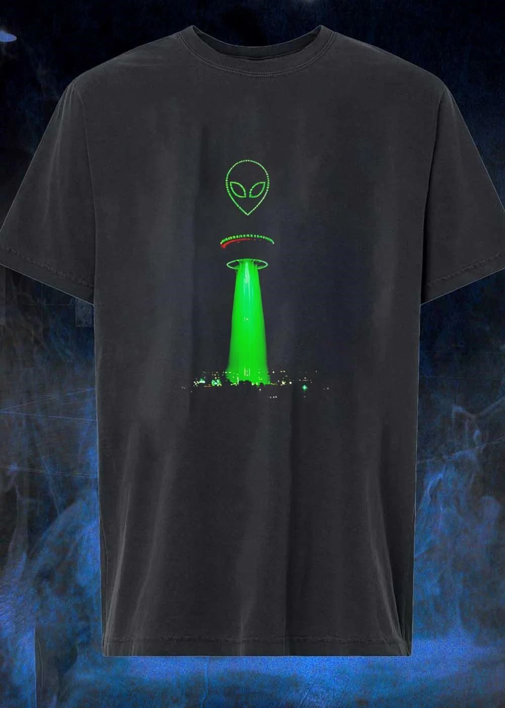 Alien Above City Night Skyline Glow Beam T-Shirt