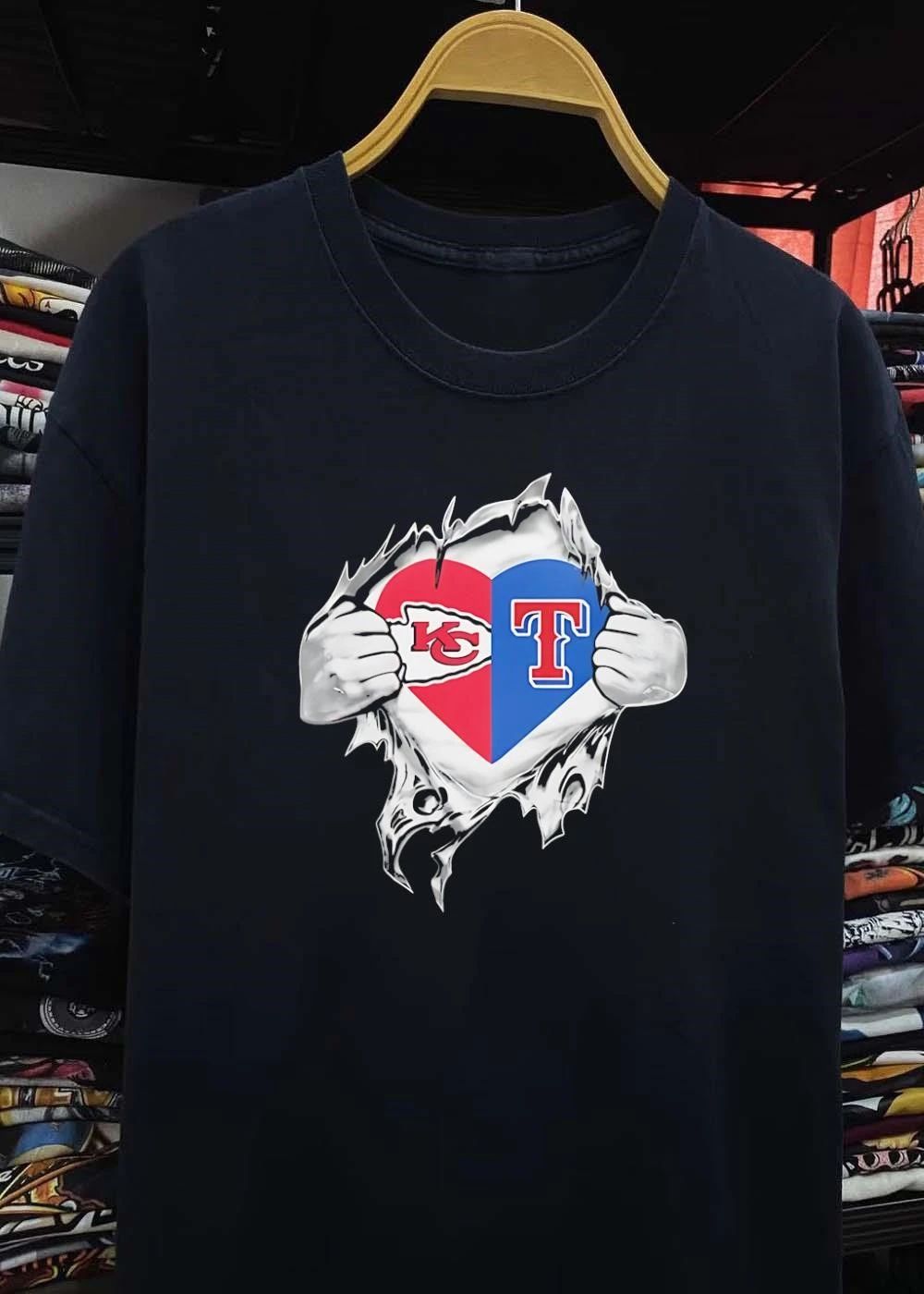 Fan Gear ‘ KC Chiefs Texas Rangers Rip Open Heart Shirt