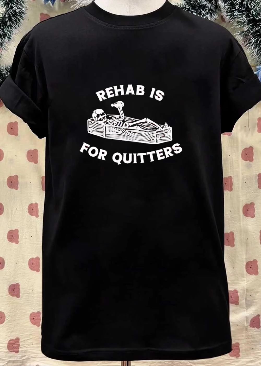 Skeleton Drinking In Coffin Rehab Is For Quitters T-Shirt