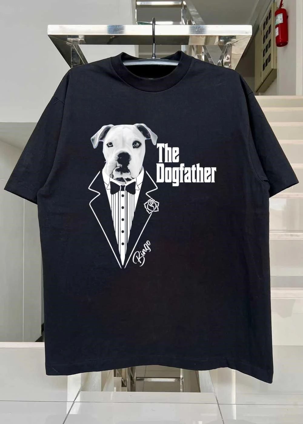 The Dogfather Bingo funny pet owner gift dog tuxedo bow tie rose Godfather movie shirt