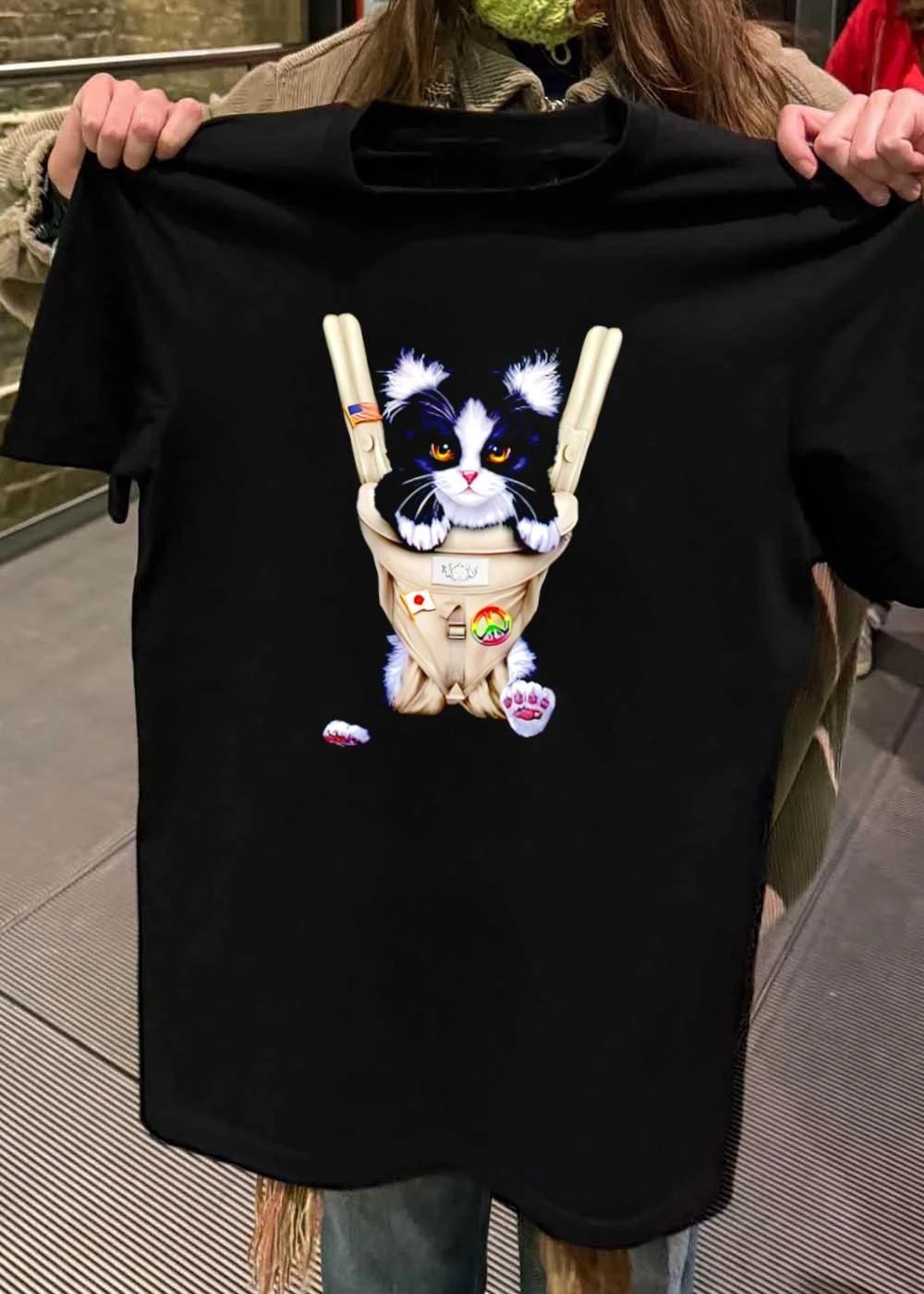 Cute Tuxedo Cat in Baby Carrier with Flag and Peace Sign T-Shirt