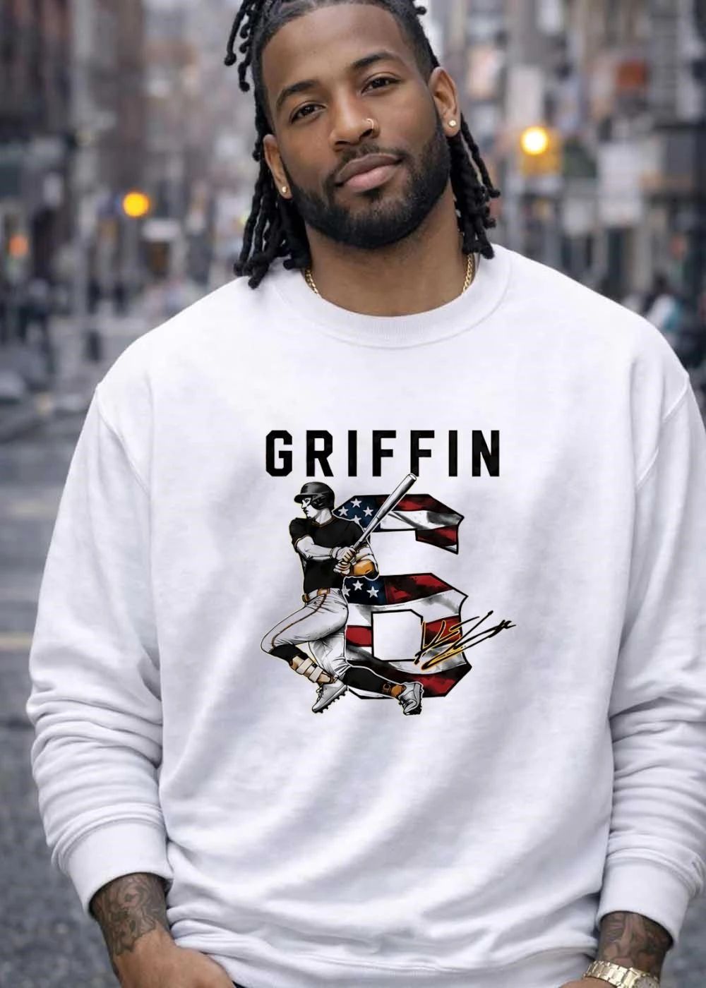 Signature Griffin Baseball Player Swinging Bat with American Flag Number 6 Shirt