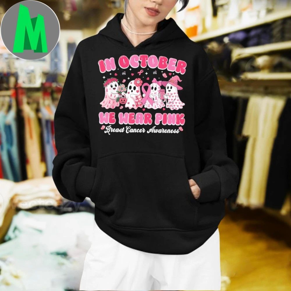 In October We Wear Pink Ghost Breast Cancer Halloween Shirt