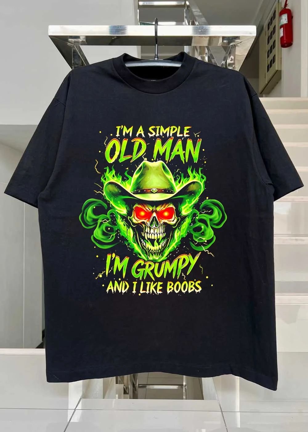 Grumpy Old Man Skull Flaming Cowboy Hat I Like Boobs T-Shirt