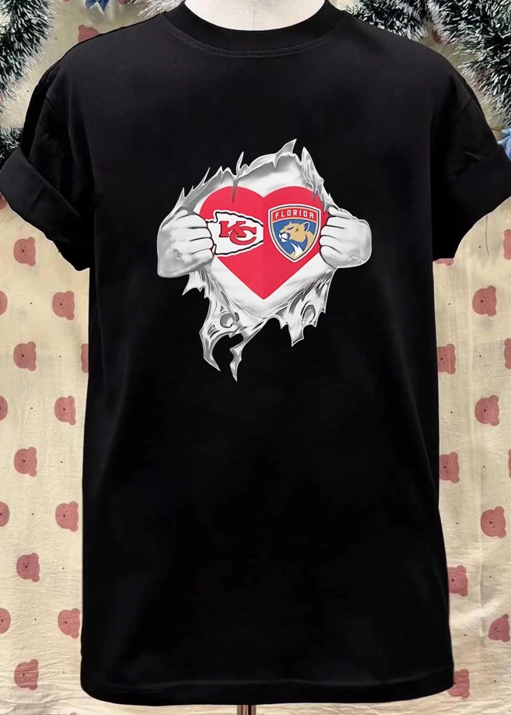 KC Chiefs and Florida Panthers Heart Ripped Chest T-Shirt