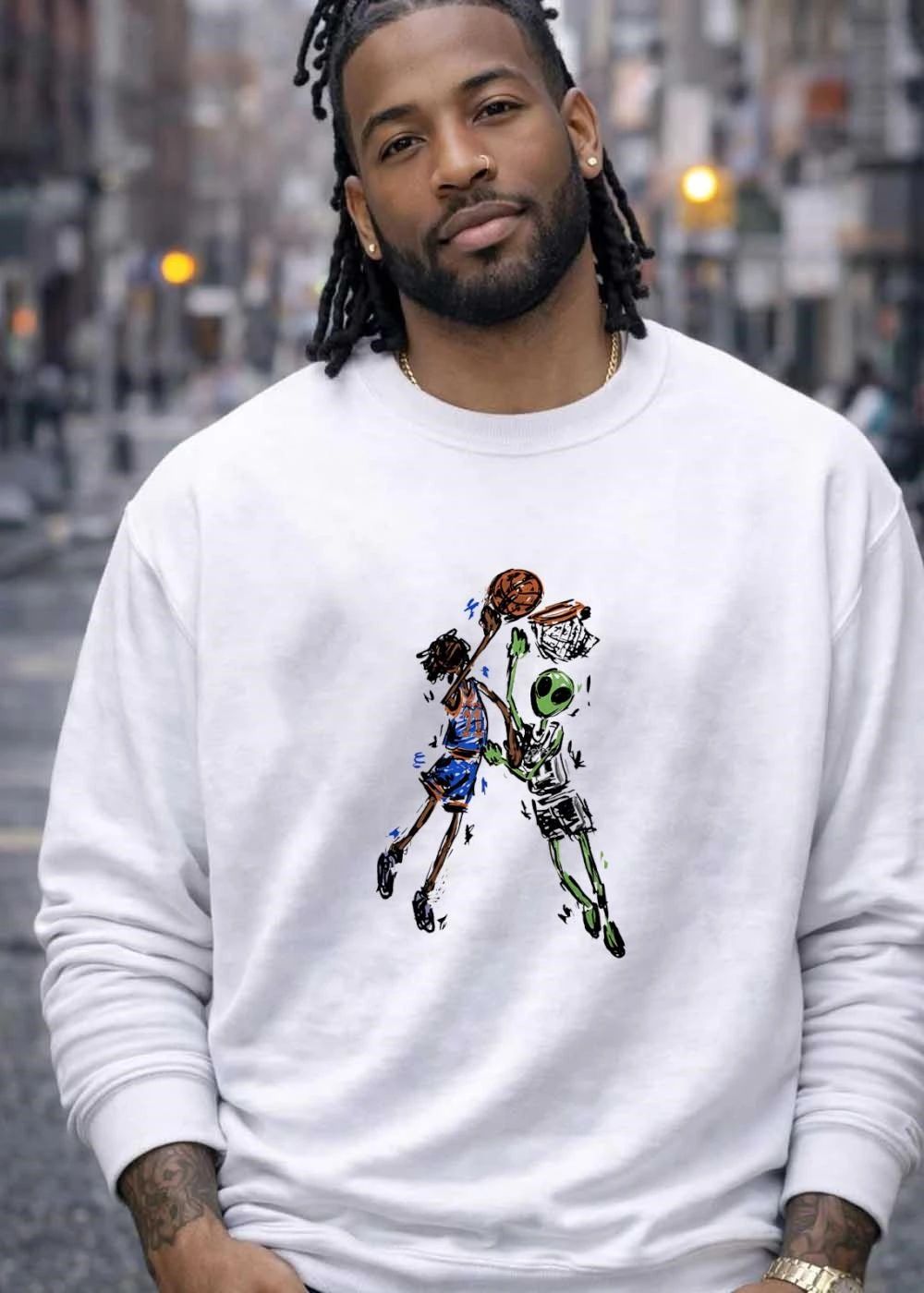 NBA Sketch Art Player Dunking on Alien Basketball T-Shirt