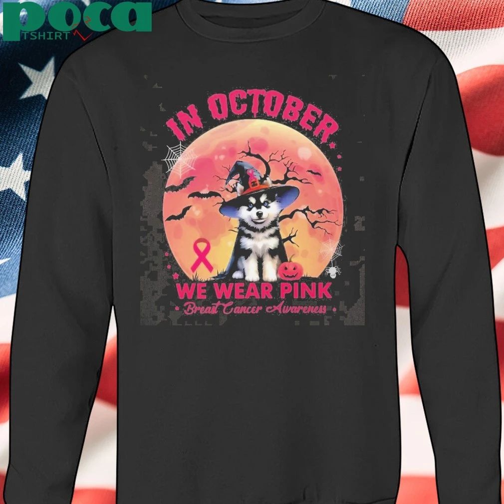 Husky In October We Wear Pink Breast Cancer Awareness Halloween Logo Shirt