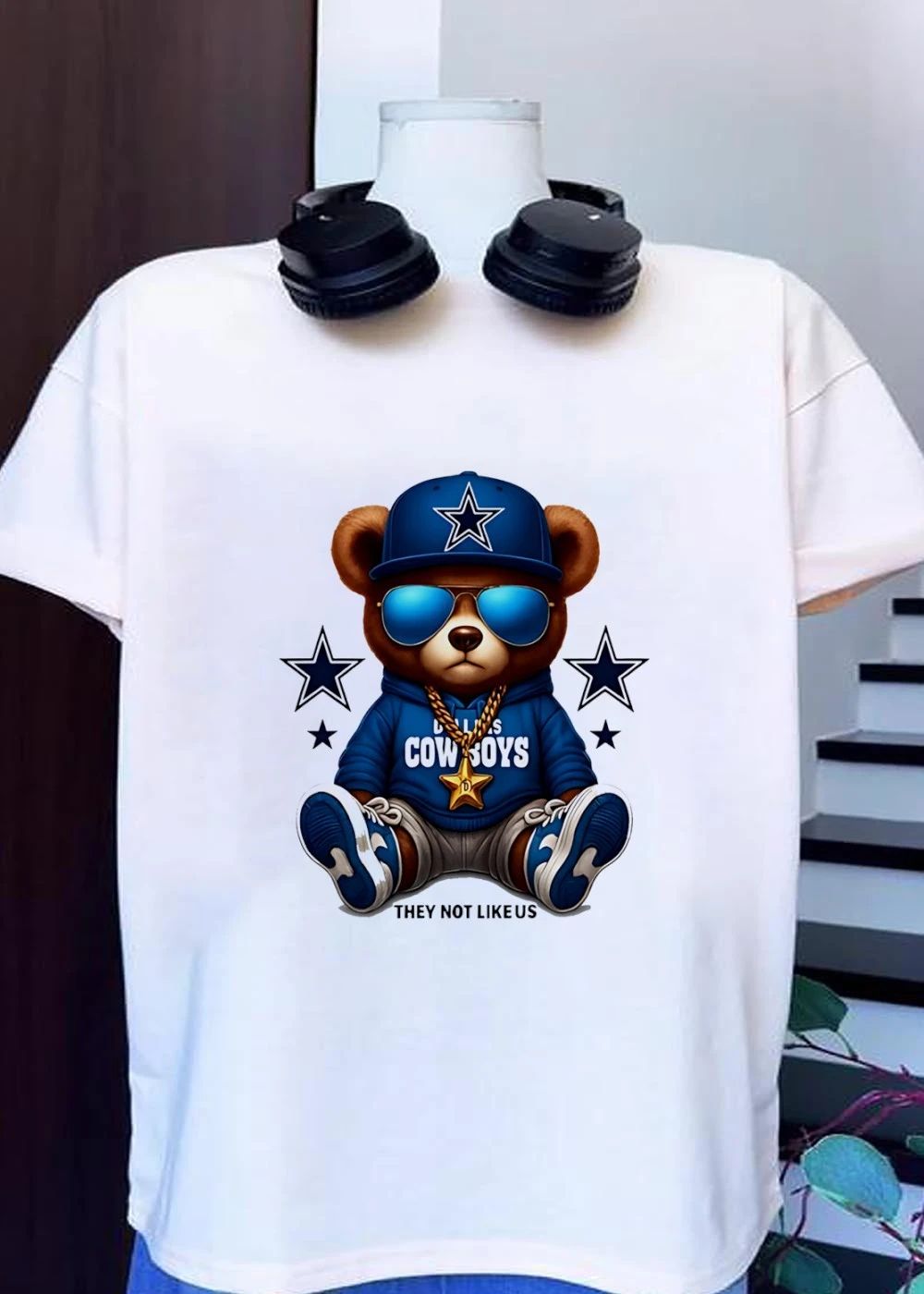 Dallas Cowboys Hoodie, Bear With Blue Cap, Shades and Gold Star Chain T-Shirt