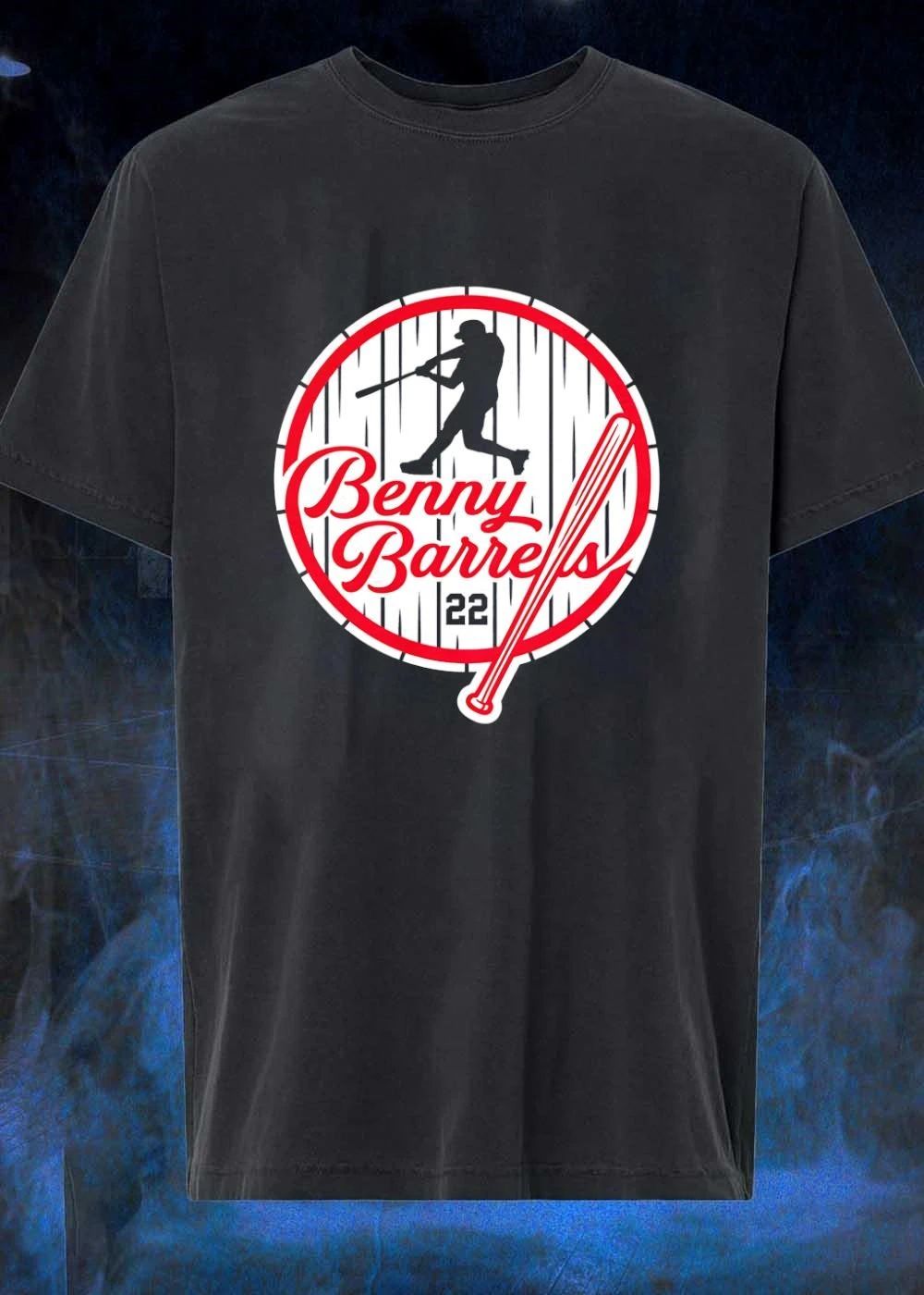 Benny Barrels Number 22 Baseball Player Swings Bat Roto Wear shirt