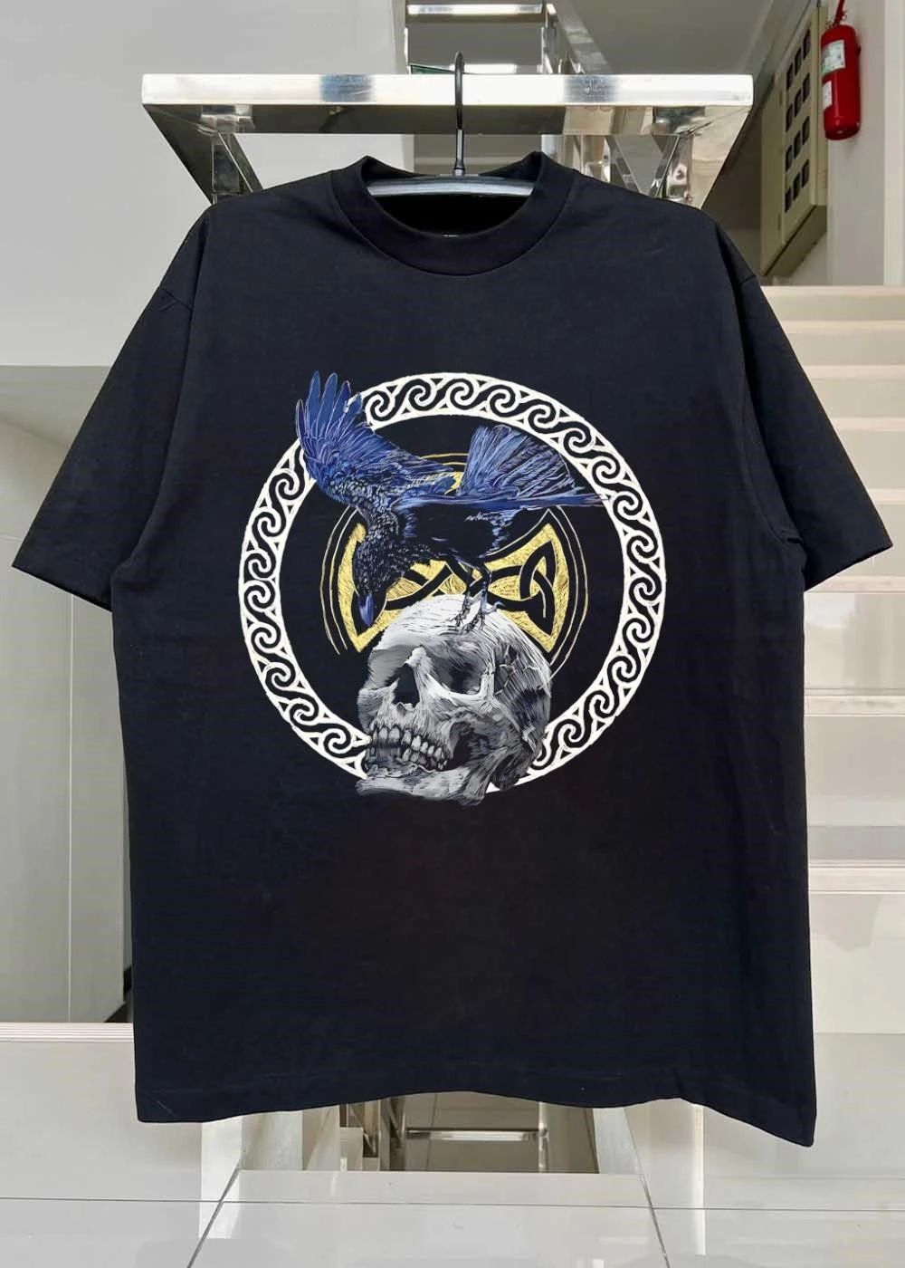 Raven Perched on Skull Celtic Knot Design shirt