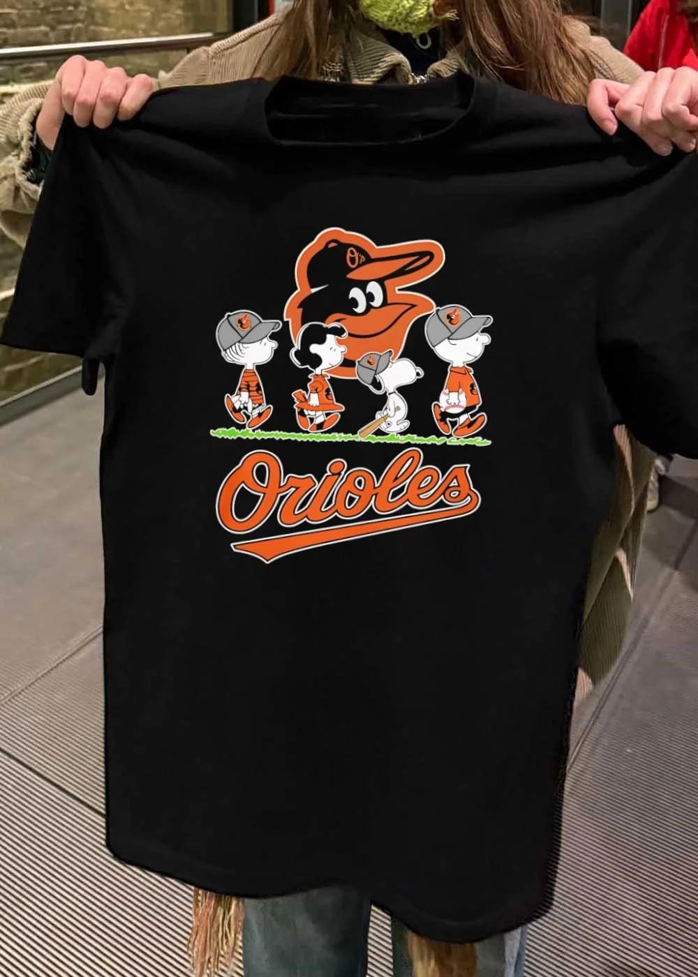 Peanuts Gang Walking with Baseball Gear Orioles T-Shirt