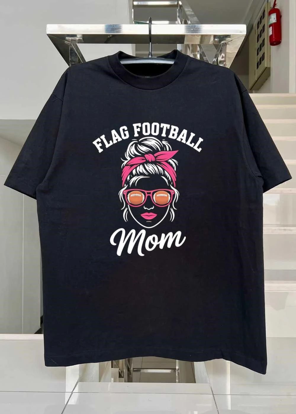 Flag Football Mom Messy Bun Pink Headband Sunglasses Sports shirt