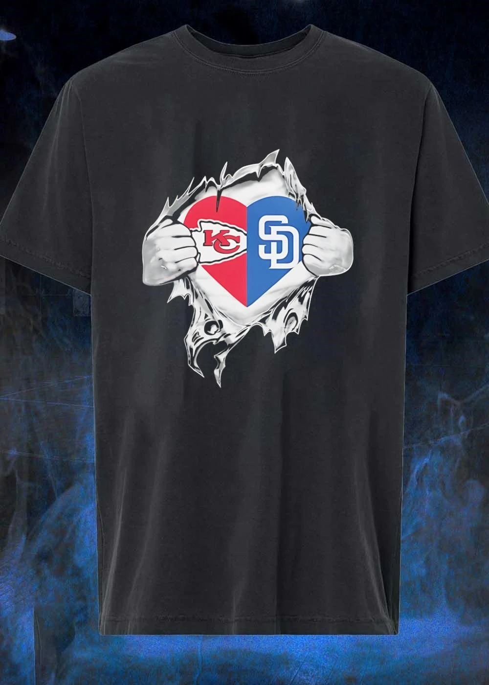 Show Your Fandom Hands Ripping Open Shirt KC Chiefs SD Padres T-Shirt