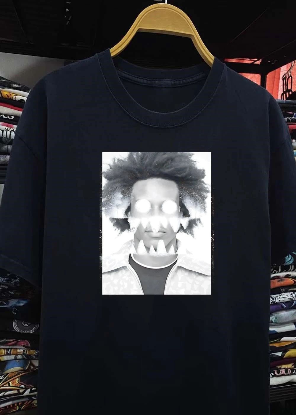 Distressed Graphic Portrait White Glowing Eyes Sharp Teeth T-Shirt