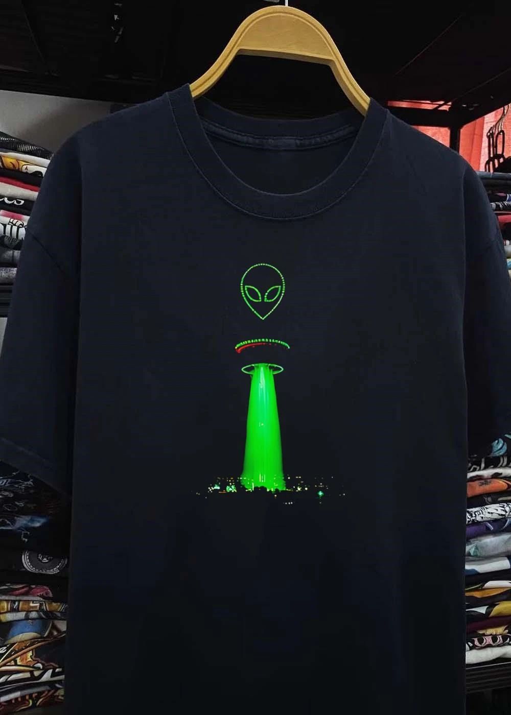 Alien Above City Night Skyline Glow Beam T-Shirt