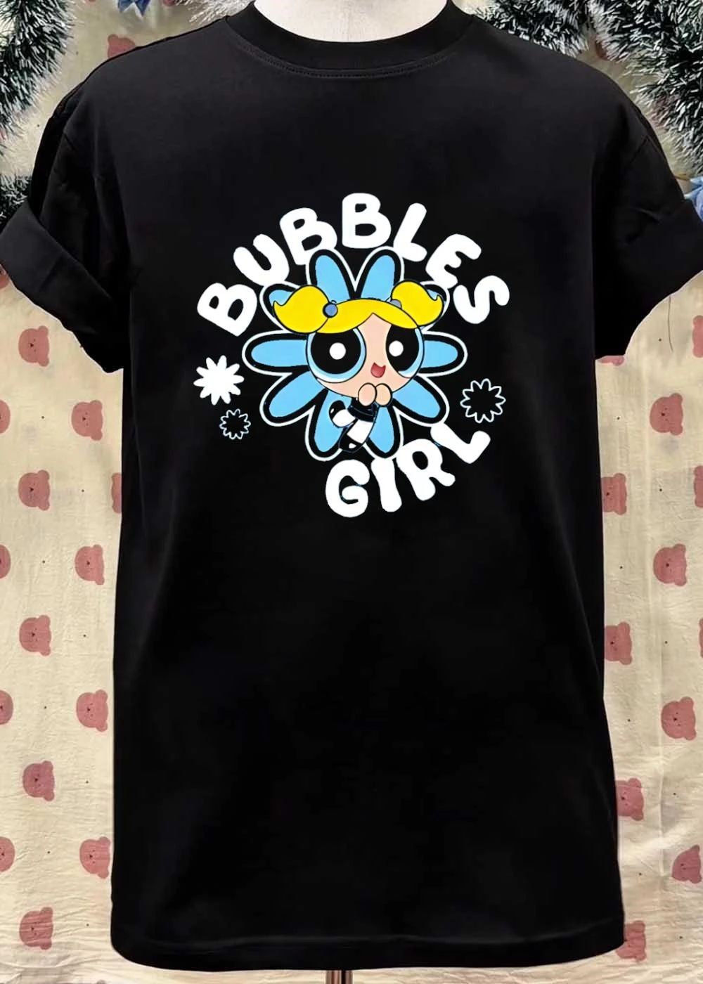 Powerpuff Girls Bubbles Girl Blue Flower Graphic T-Shirt