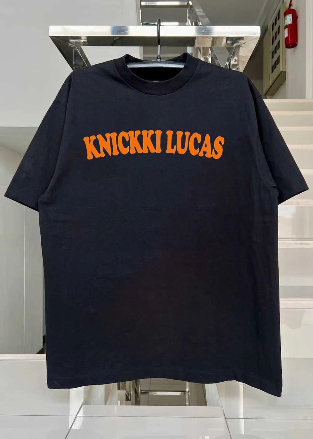 Knickki Lucas Orange Text Blue Short Sleeve Cotton T-Shirt