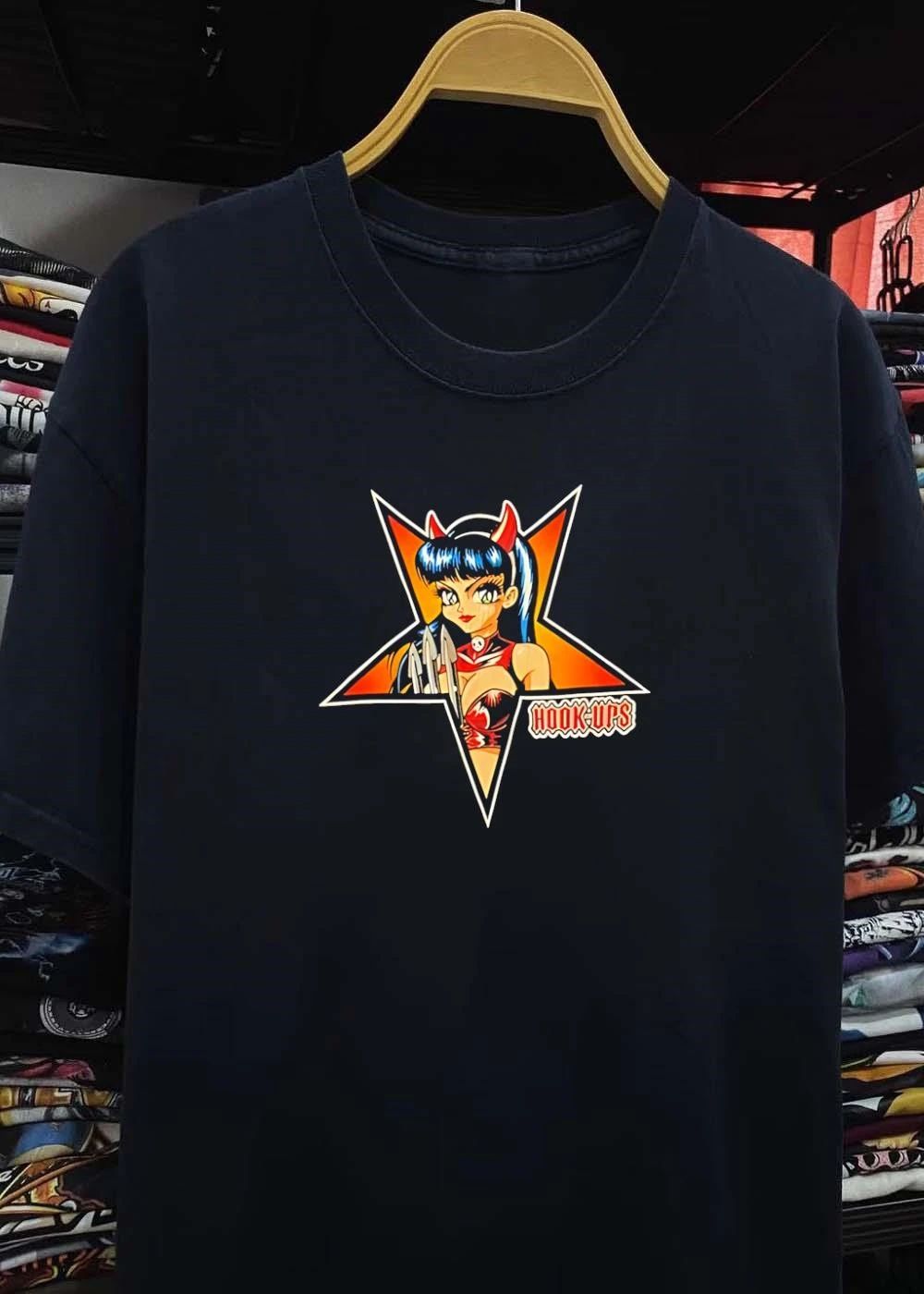 Hook-ups Devil Girl Holding Trident Star Black T-Shirt