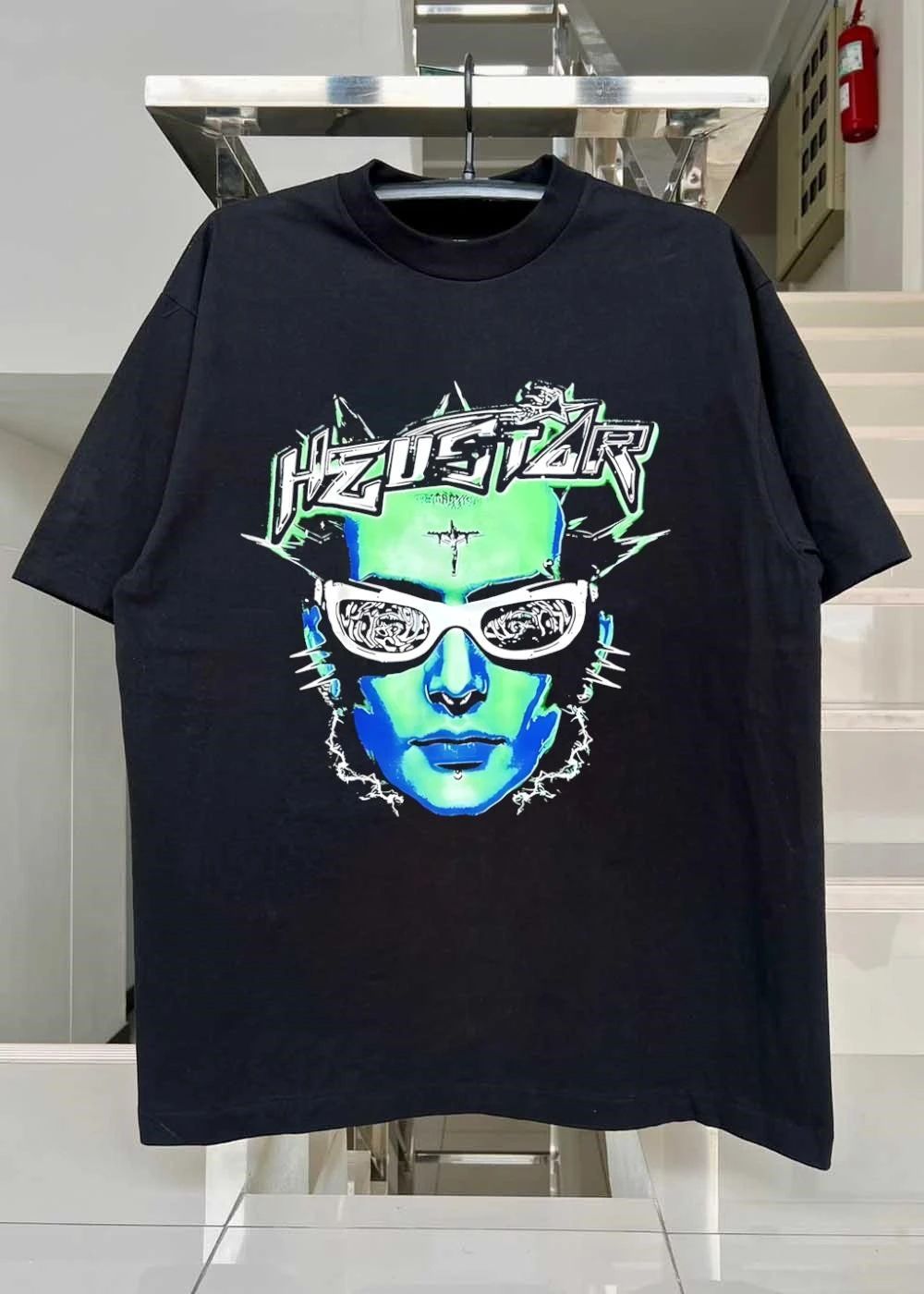 HZUSTAR Cyber Goth Punk Face Sunglasses Crucifix Green Blue Graphic Shirt