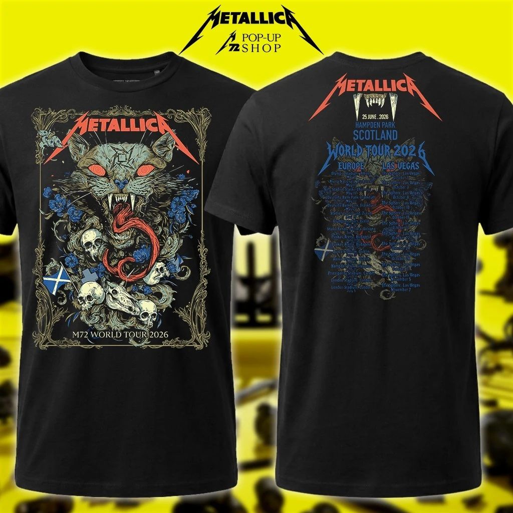Limited Edition Metallica M72 World Tour 2026 Tee Glasgow, Scotland 25th June 2026 EU Vegas Wolf Skull Jack