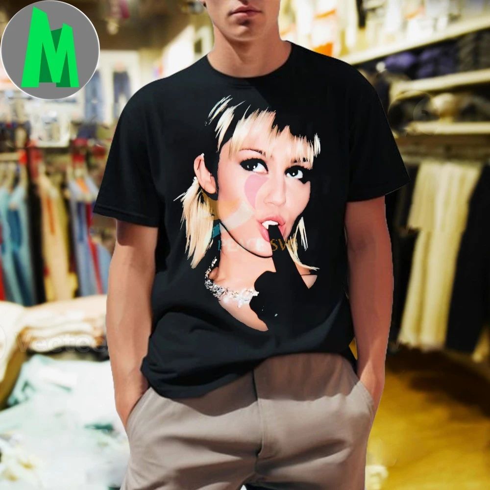 Original Miley Cyrus Blonde Hair Black Glove Playful Pose Shirt