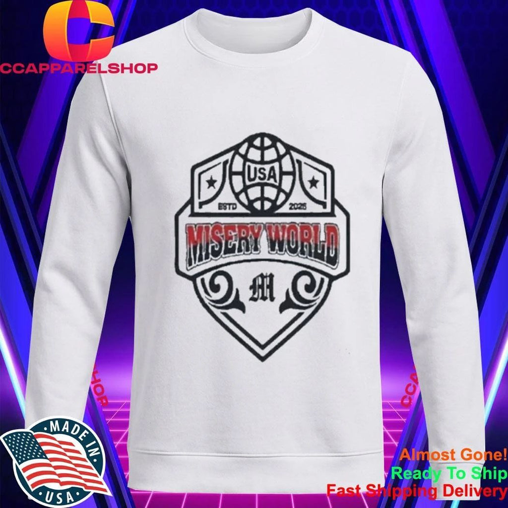 Misery World USA ESTD 2026 Shield Logo Athletic Global Tour Shirt