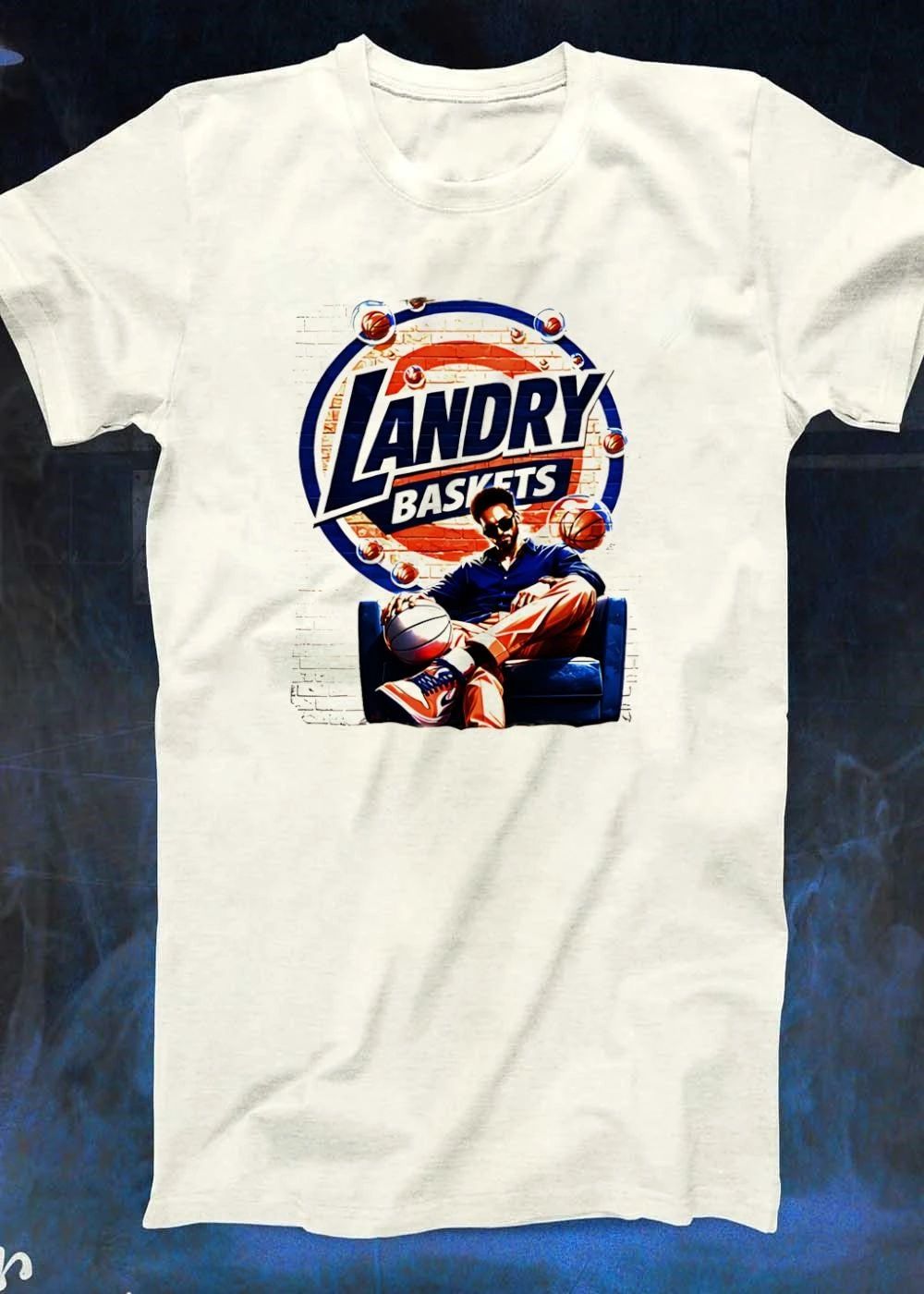 Landry Baskets Stylish Man Sitting with Basketball Graphic T-Shirt