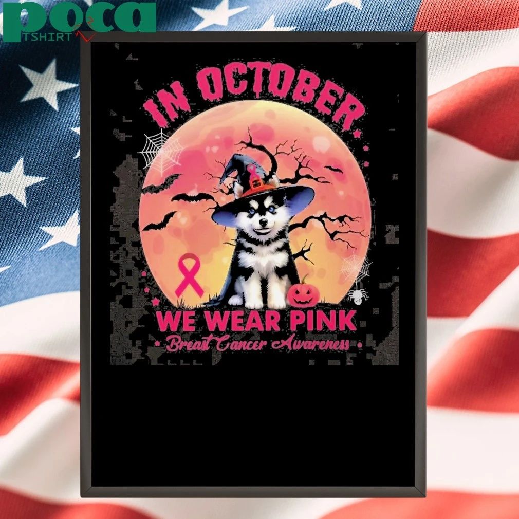 Husky In October We Wear Pink Breast Cancer Awareness Halloween Logo Shirt