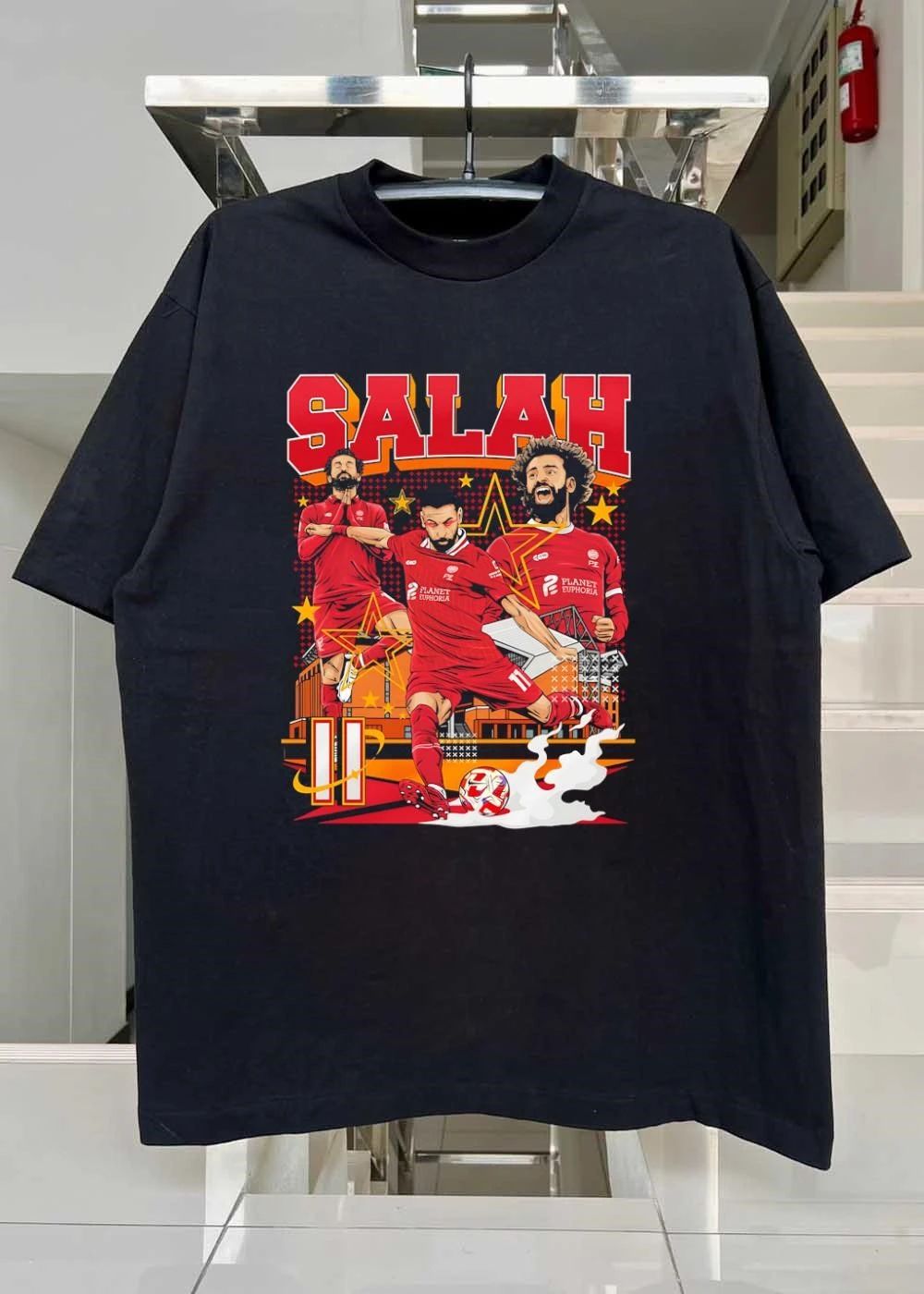 Salah Mohamed Salah Kicking Soccer Ball in Red Jersey Planet Euphoria T-Shirt