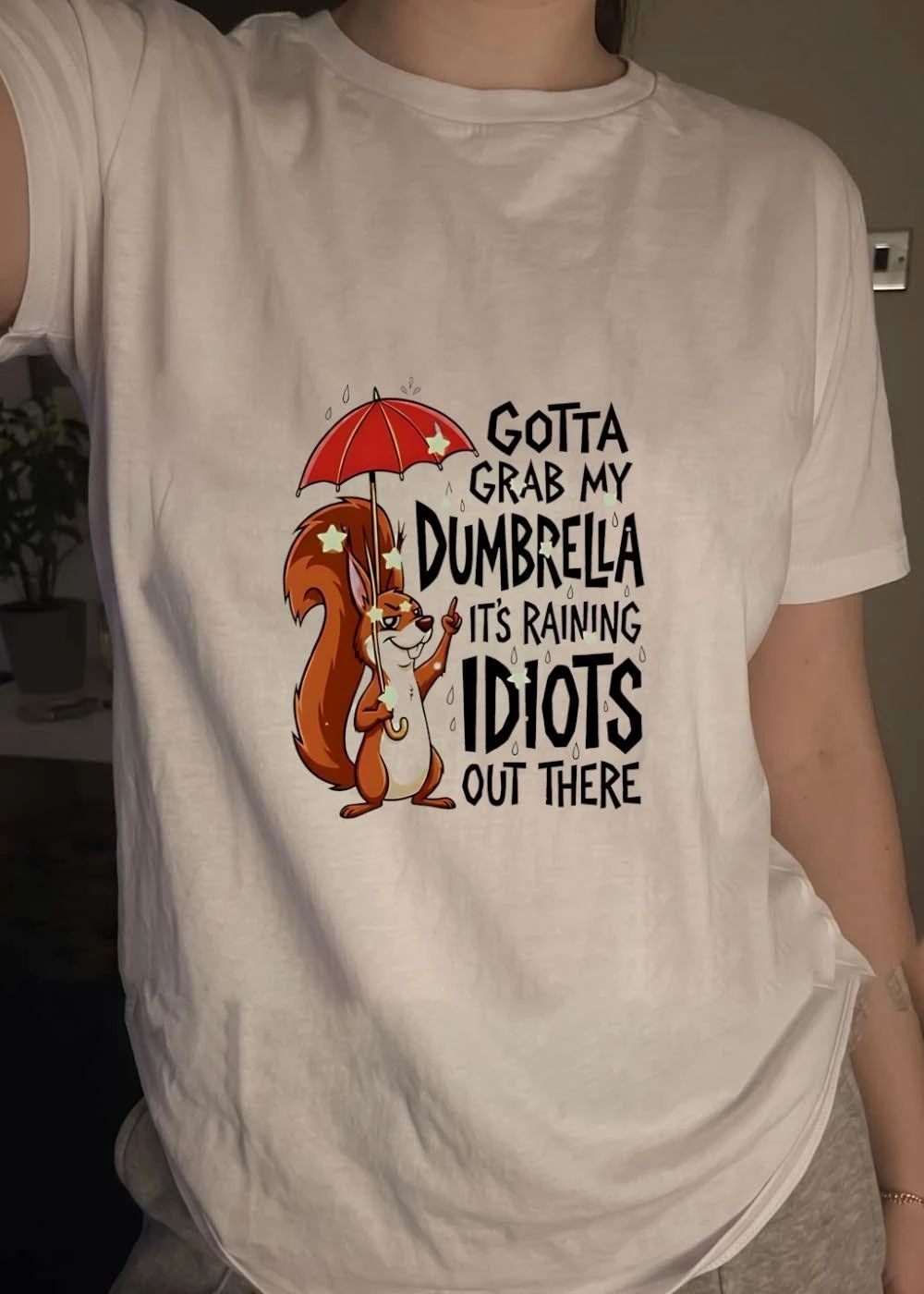 Sarcastic Squirrel Holding Umbrella Gotta Grab My Dumbrella Raining Idiots T-Shirt