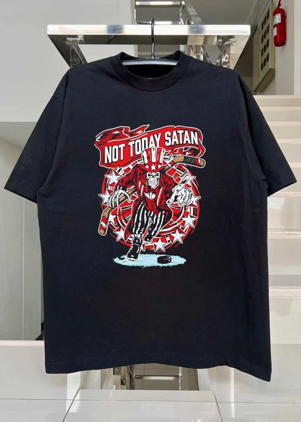 Not Today Satan Uncle Sam Skeleton Playing Ice Hockey T-Shirt