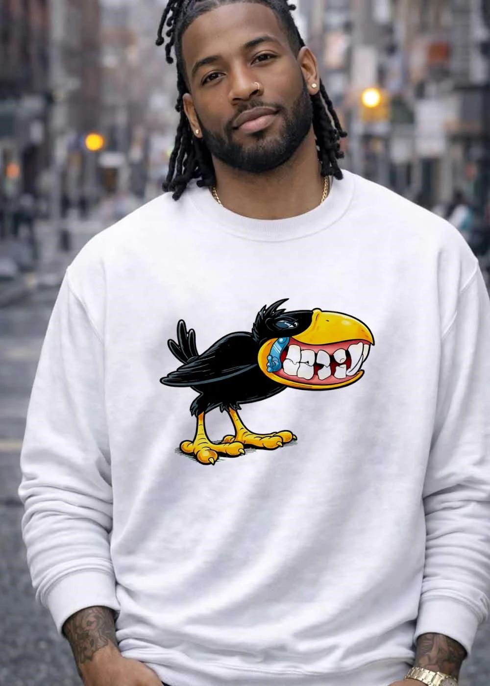 Crow with Teeth and Blue Phone Cartoon Graphic Green Background T-Shirt