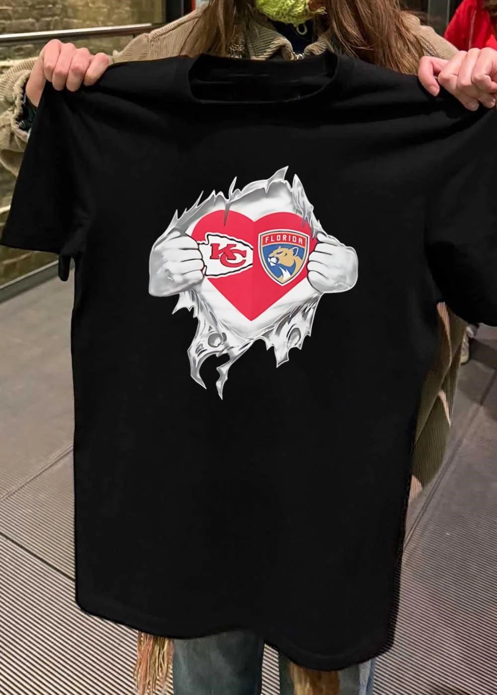 KC Chiefs and Florida Panthers Heart Ripped Chest T-Shirt