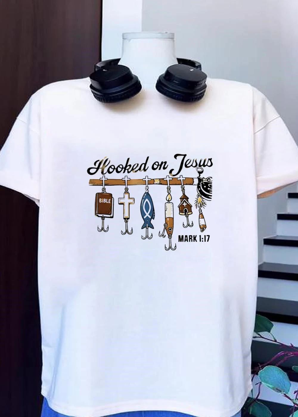 Mark 1’17 Hooked on Jesus Bible Cross Fish Candle Church T-Shirt