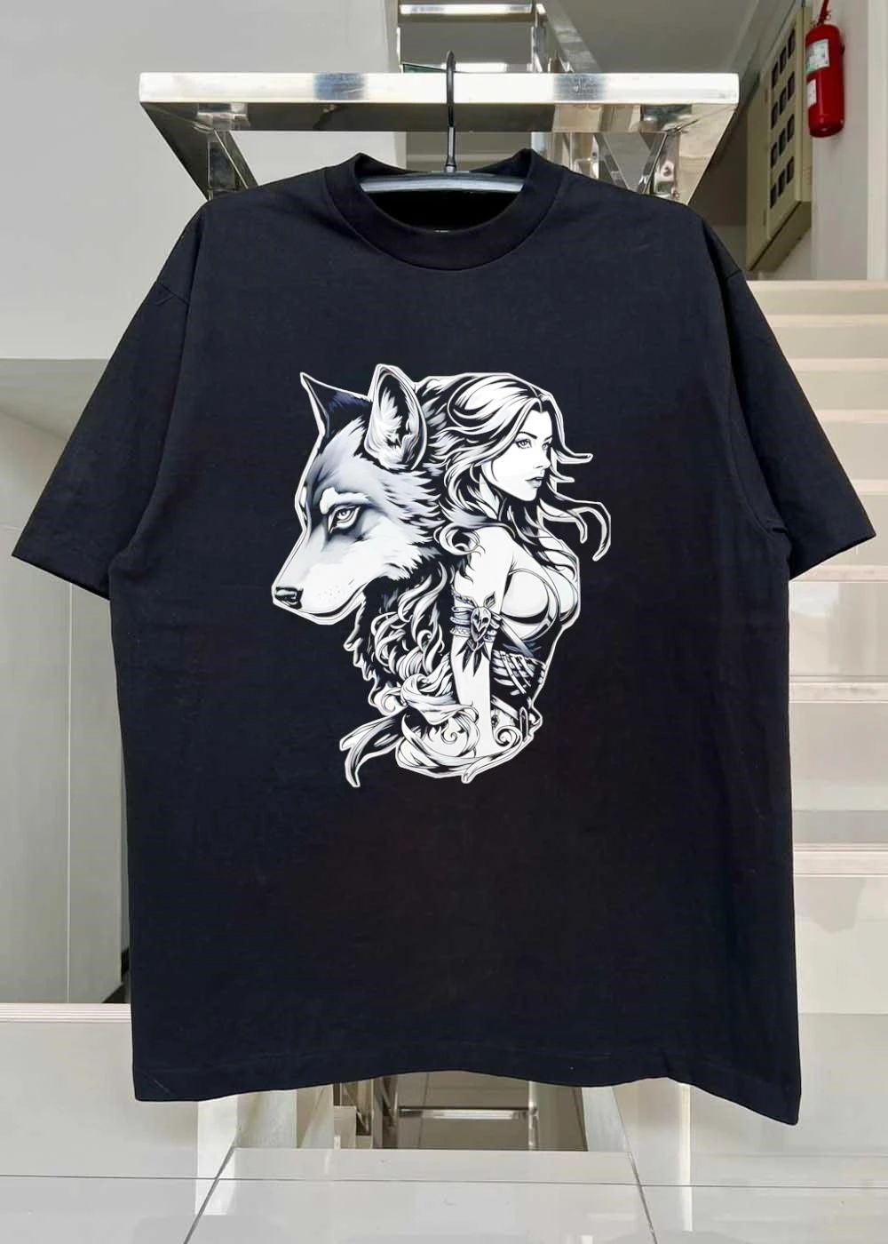 Wolf and Woman Spiritual Connection Artistic Black and White T-Shirt