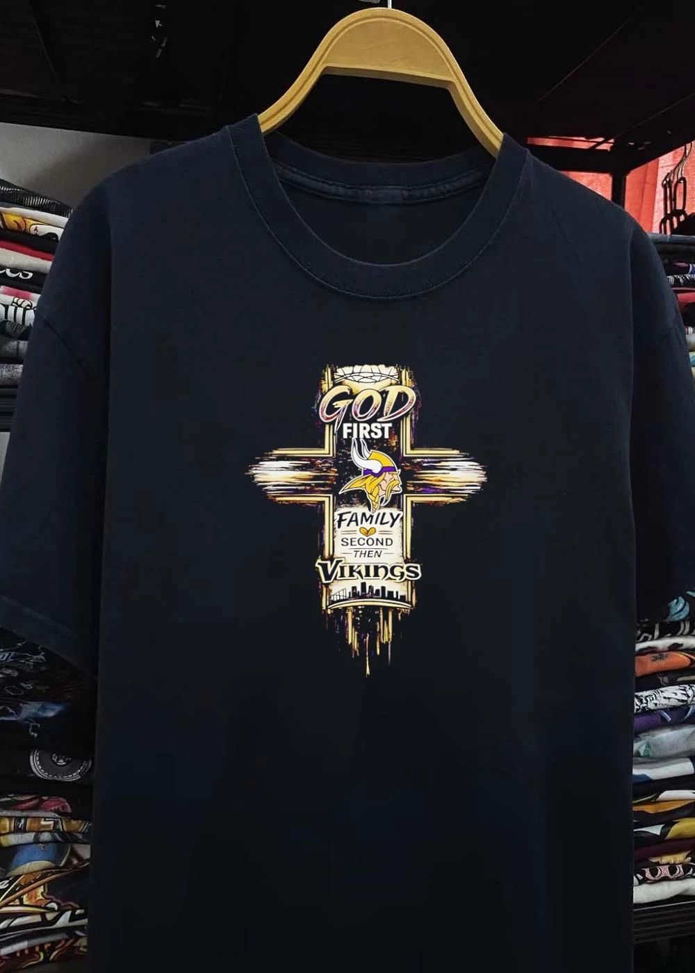 Vikings Apparel God First Family Second then Vikings Faith Sports T-Shirt