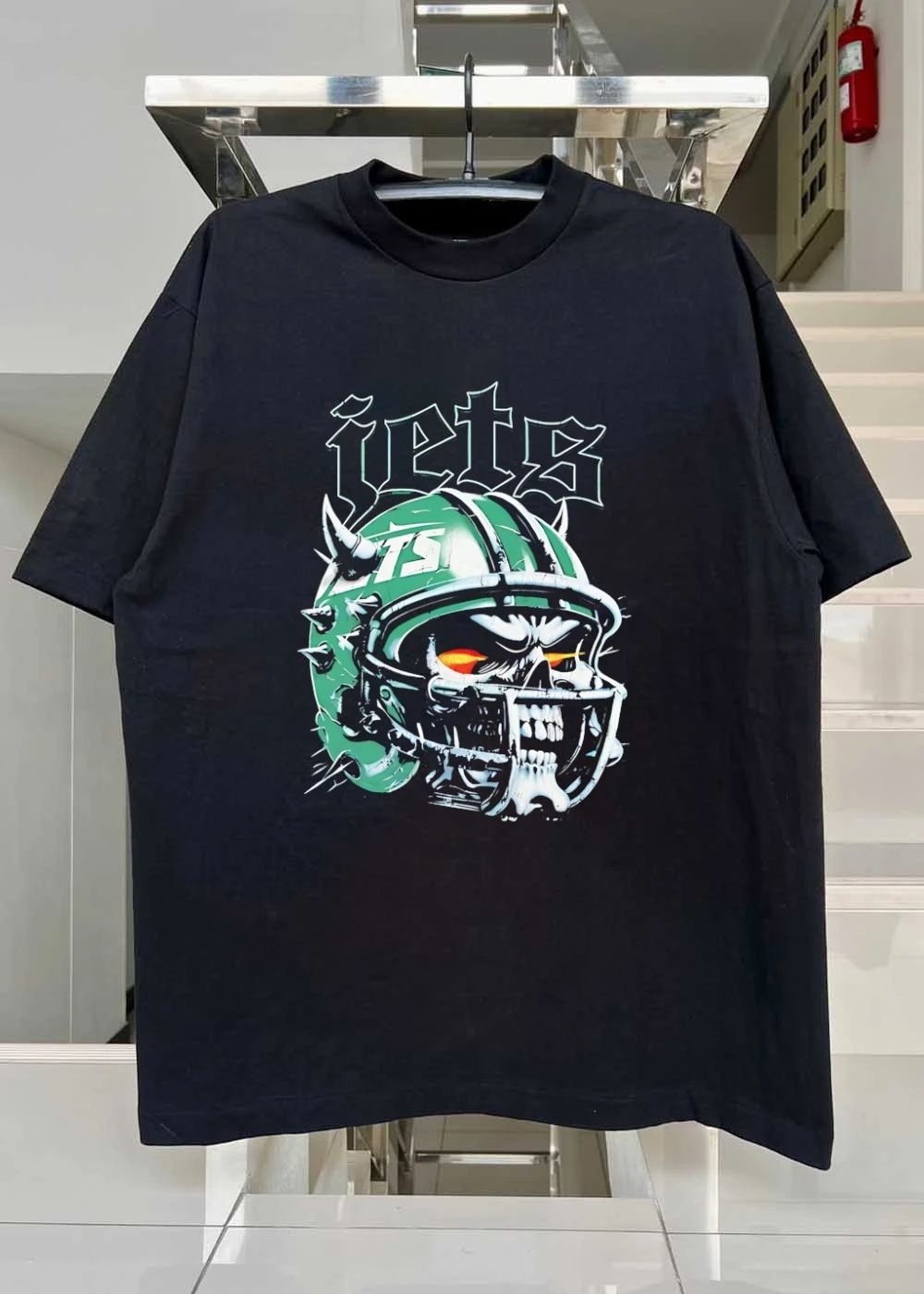 Skull Wearing Spiked Football Helmet Jets T-Shirt