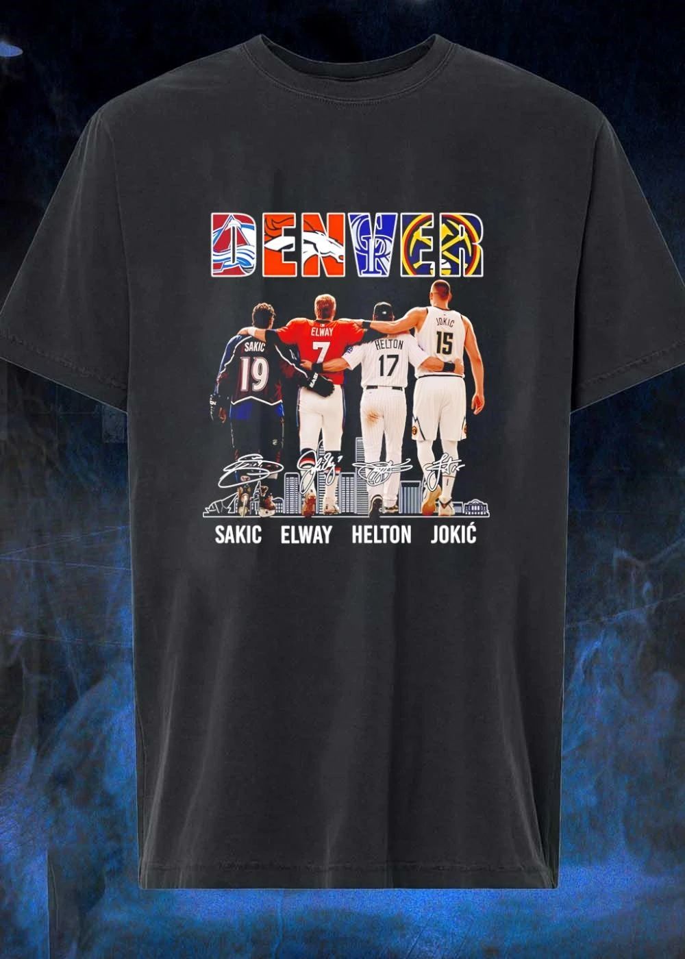 Denver Avalanche Broncos Rockies Nuggets Joe Sakic John Elway Todd Helton Nikola Jokic Signatures Skyline shirt