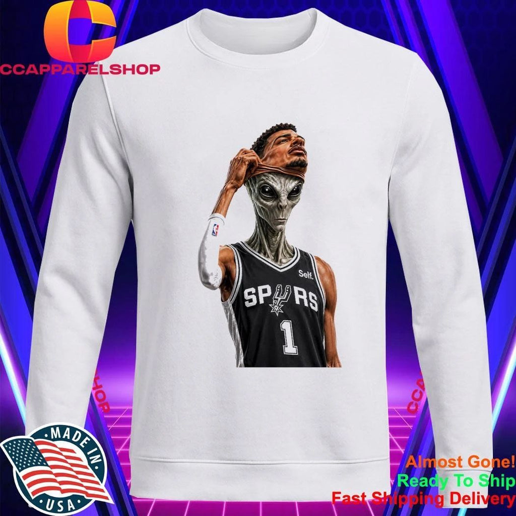 Wembanyama Face Reveal Spurs Alien Takeover Shirt