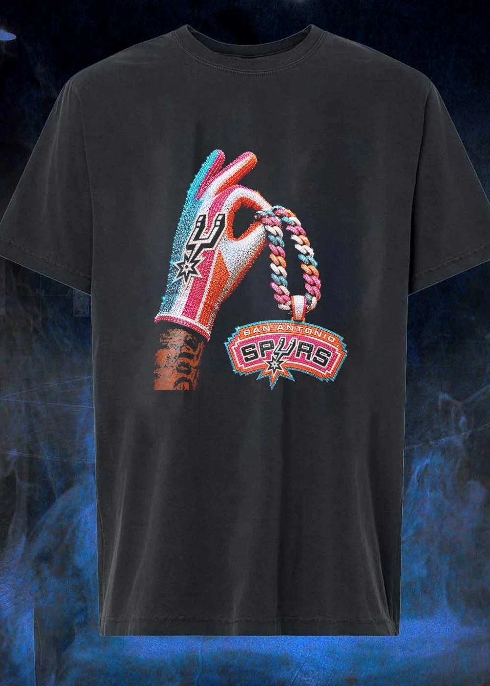 Iced Out Jewelry Hand Holding San Antonio Spurs Pendant T-Shirt