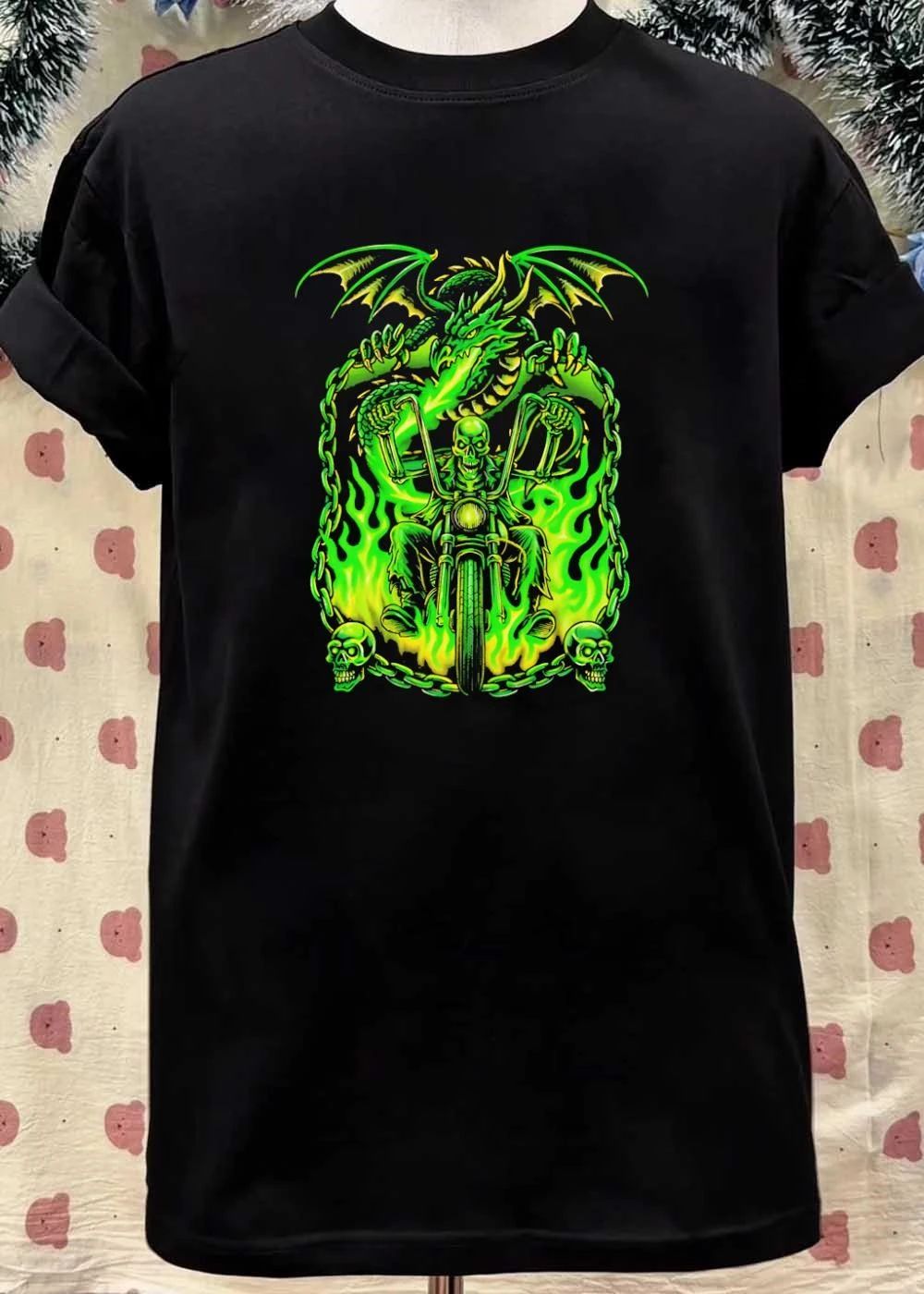 Green Dragon Skeleton Chopper Flames Shirt