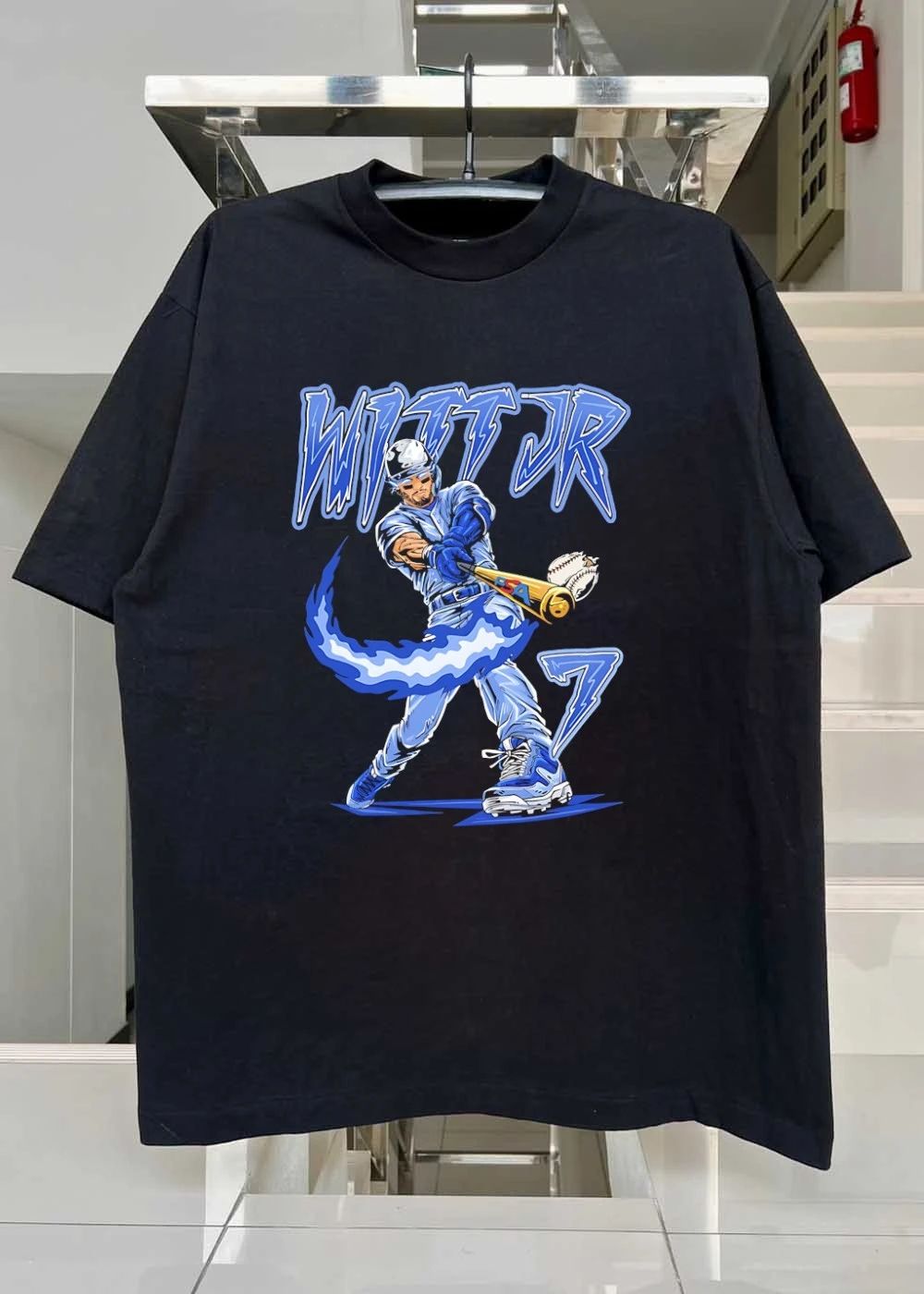 Witt Jr 7 baseball player with flaming bat shirt