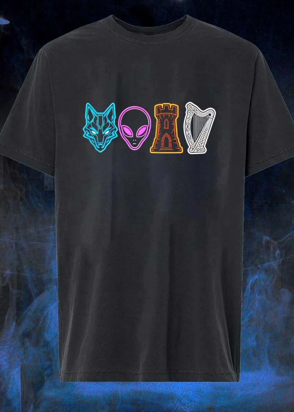 Wolf Alien Castle and Harp Icons Graphic T-Shirt