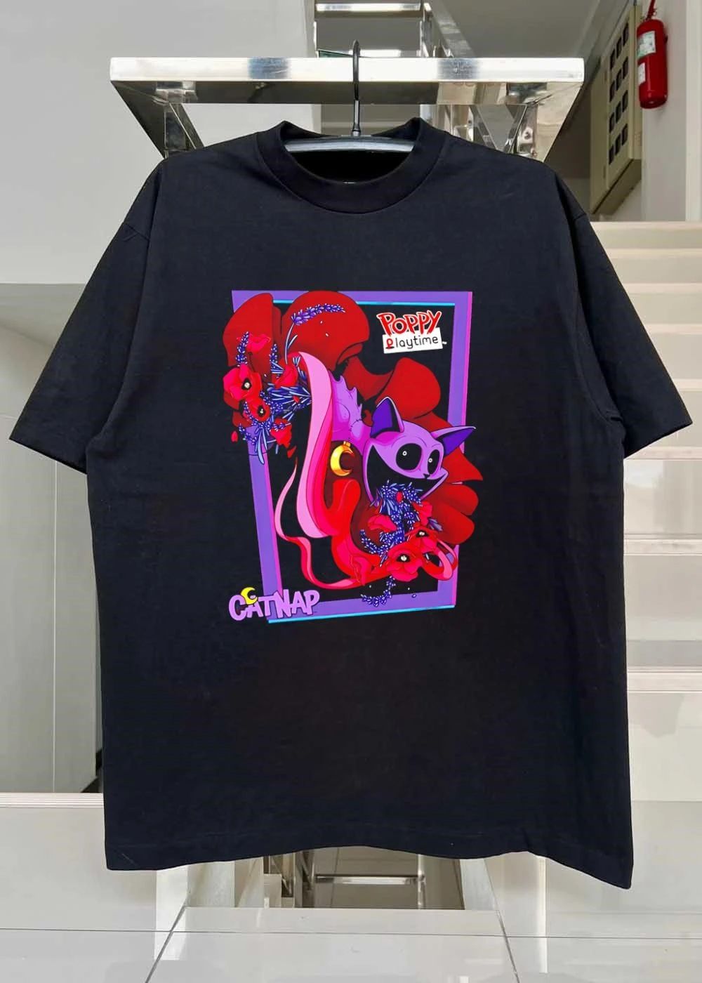 Poppy Playtime CatNap Chapter 3 Trending Smiling Purple Cat Moon Flowers Horror Game Shirt