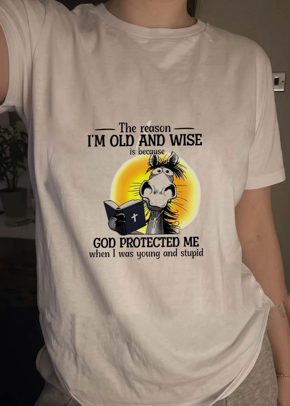 Faithful Horse Reading Bible The Reason I Am Old and Wise Is Because God Protected Me when I Was Young and Stupid T-Shirt