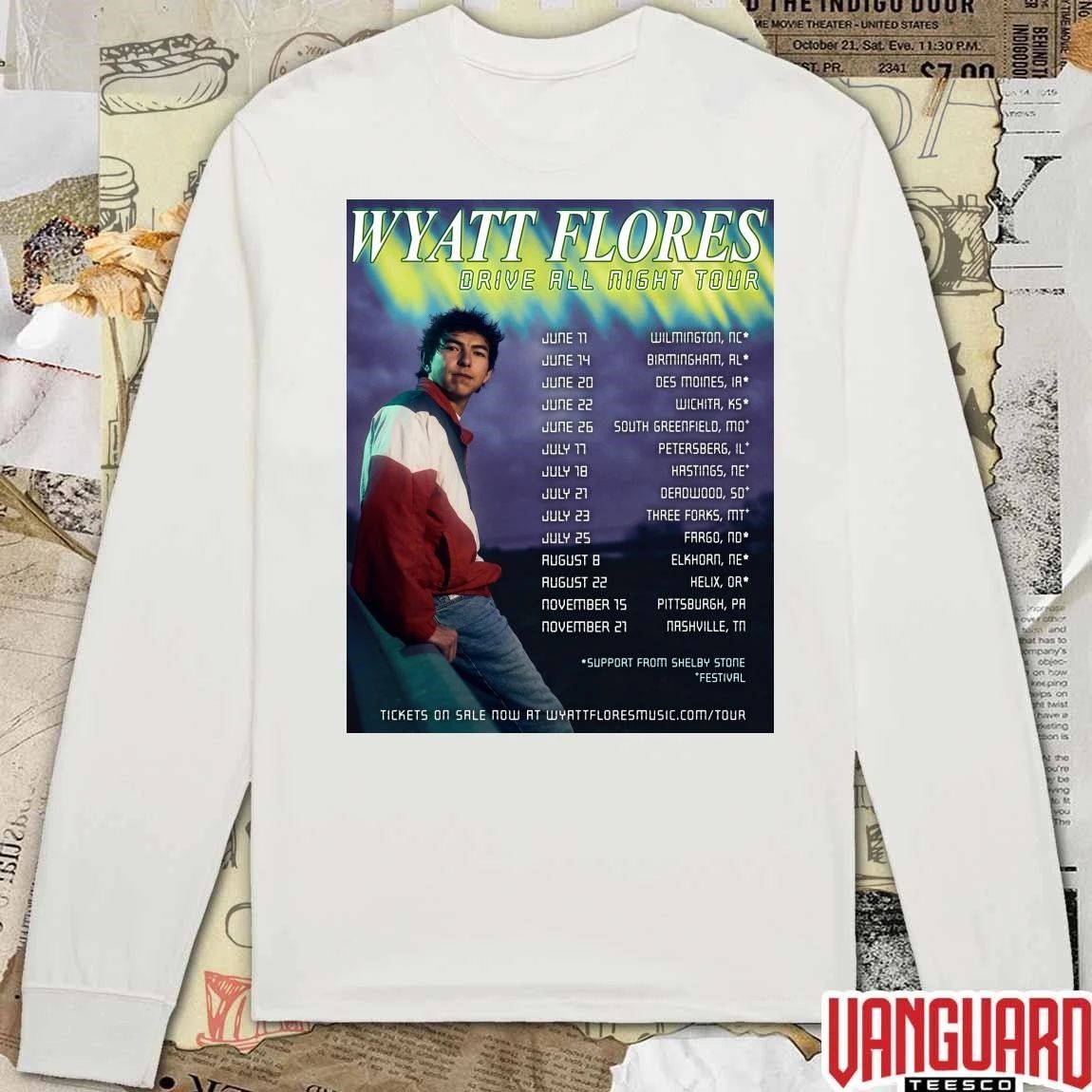 Wyatt Flores Drive All Night Tour 2026 June 11 Wilmington NC June 14 Birmingham AL June 20 Des Moines IA Poster t-shirt